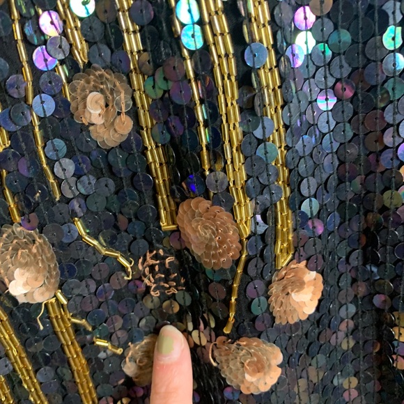 Chloe Silk Black Sequin Flower 3/4 Sleeve Dress Size L - Picture 5 of 11